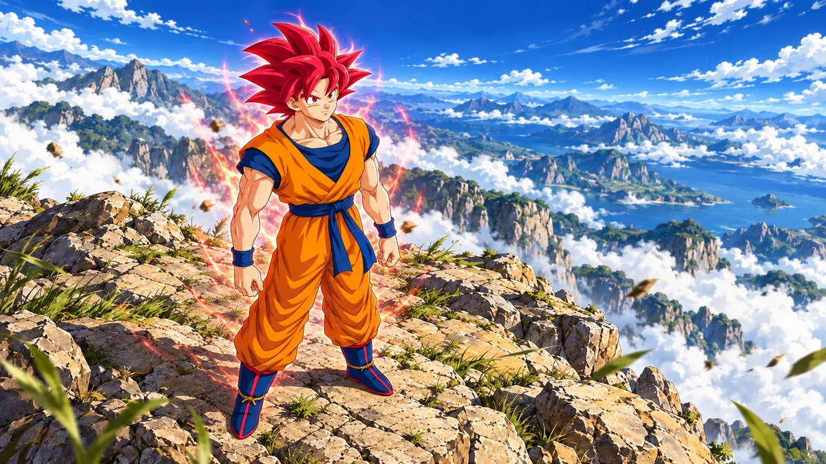 Goku Super Saiyajin Deus de cabelos vermelhos está em uma encosta rochosa sem o círculo do ritual