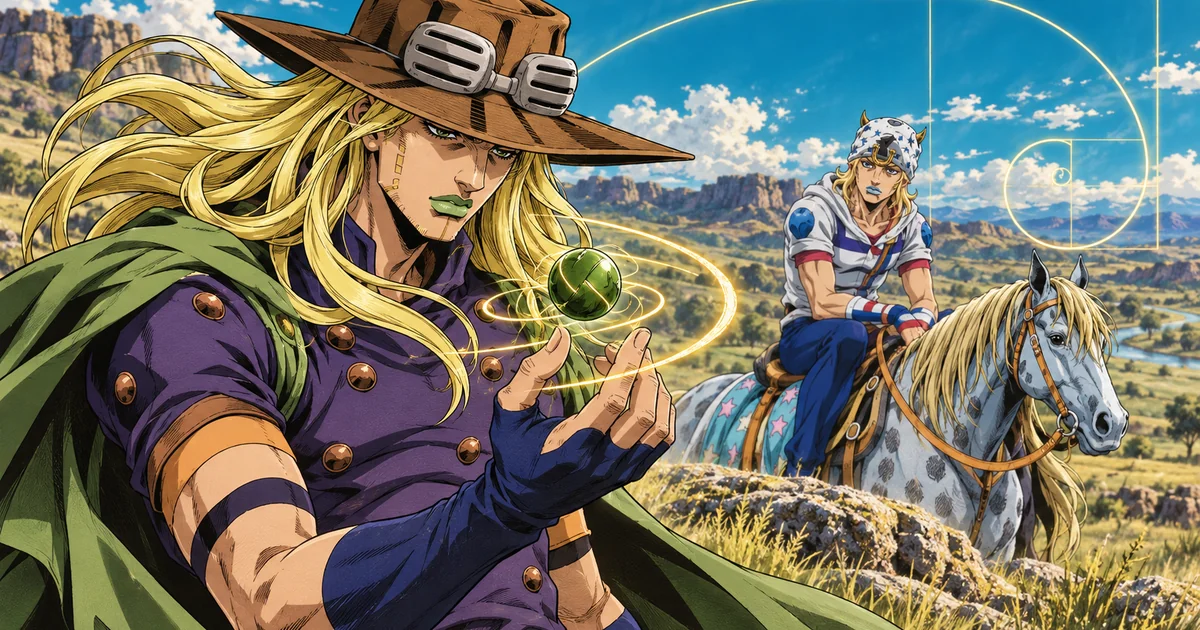 Gyro gira uma Steel Ball enquanto Johnny observa montado em Slow Dancer, sob uma sobreposição geométrica dourada.