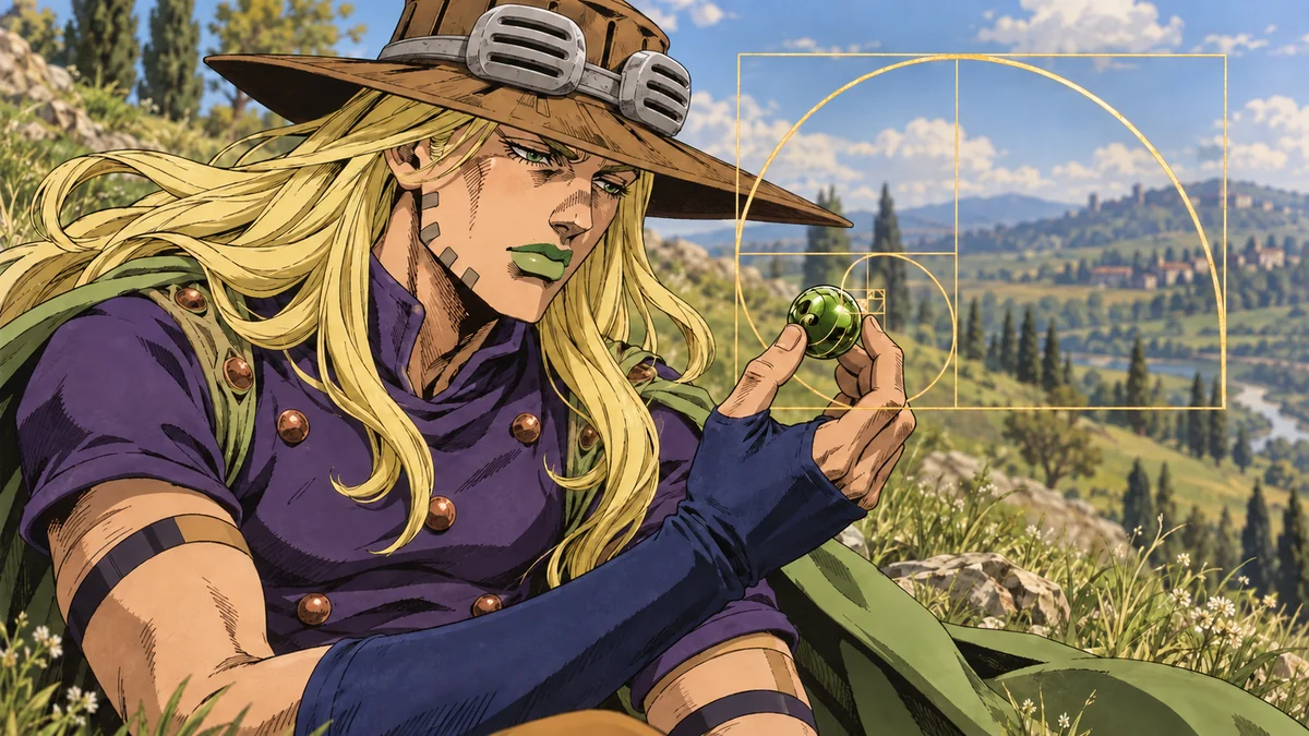 Gyro examina uma Steel Ball diante de uma paisagem viva, com um retângulo e uma espiral dourados sobrepostos.