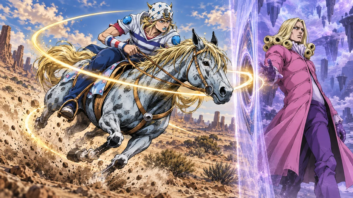 Johnny cavalga Slow Dancer enquanto um arco dourado cruza uma barreira simbólica que o separa de Funny Valentine.