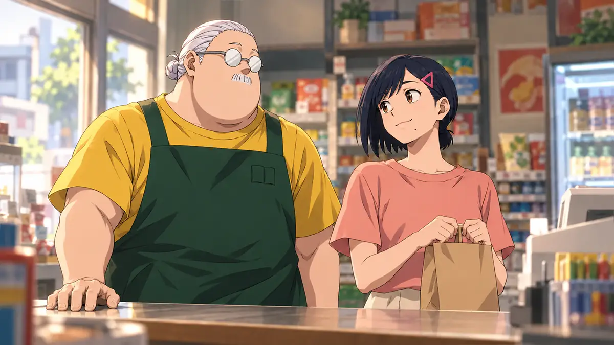 Sakamoto e Aoi atrás do balcão da loja, em ilustração conceitual da vida familiar.