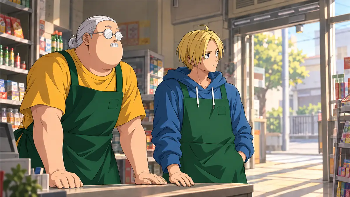 Sakamoto e Shin observam a entrada da loja, em composição conceitual sobre o código de não matar.