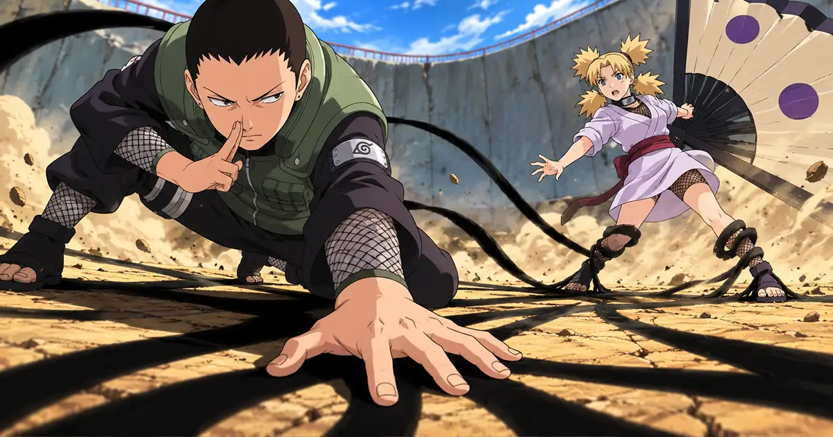 Shikamaru genin levanta a mão em desistência diante de Temari e seu grande leque na arena.
