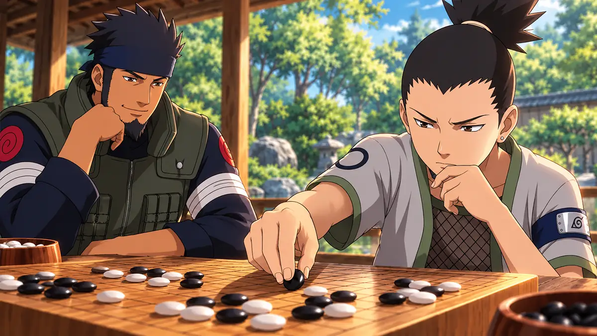 Shikamaru genin coloca uma pedra no tabuleiro de go diante de Asuma, em composição conceitual.