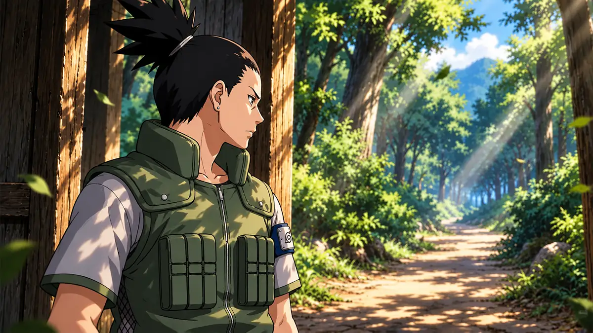 Shikamaru jovem com colete de chūnin observa um caminho de floresta, em composição conceitual.