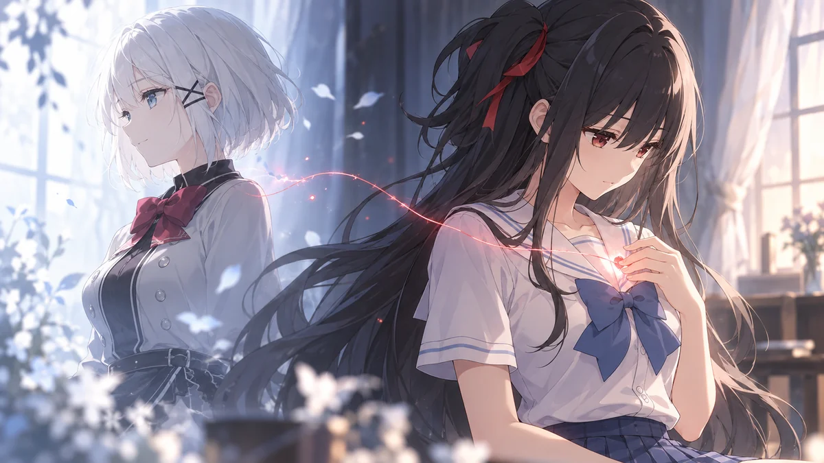Siesta e Nagisa aparecem em planos separados por um fio luminoso junto ao coração de Nagisa
