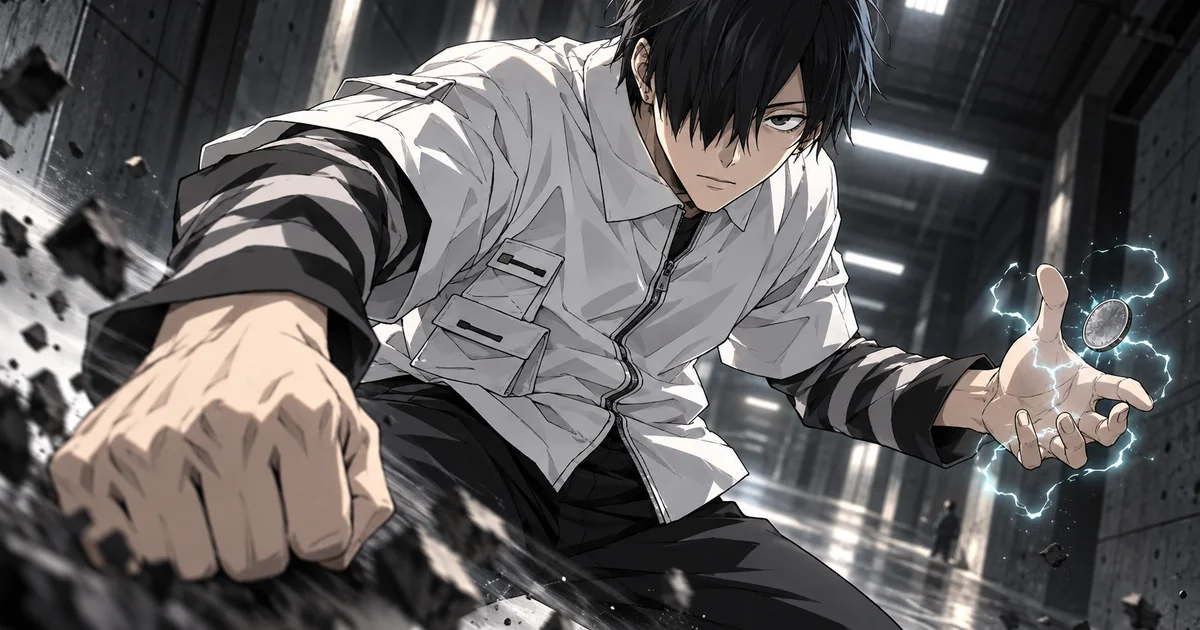 Soshiro Azami avança com o punho em primeiro plano e uma moeda eletrizada perto da outra mão