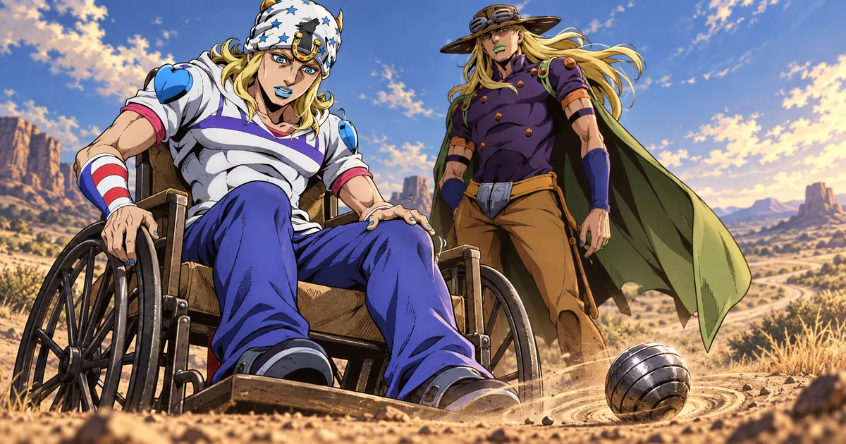 Johnny sentado observa a Steel Ball girar enquanto Gyro permanece ao lado