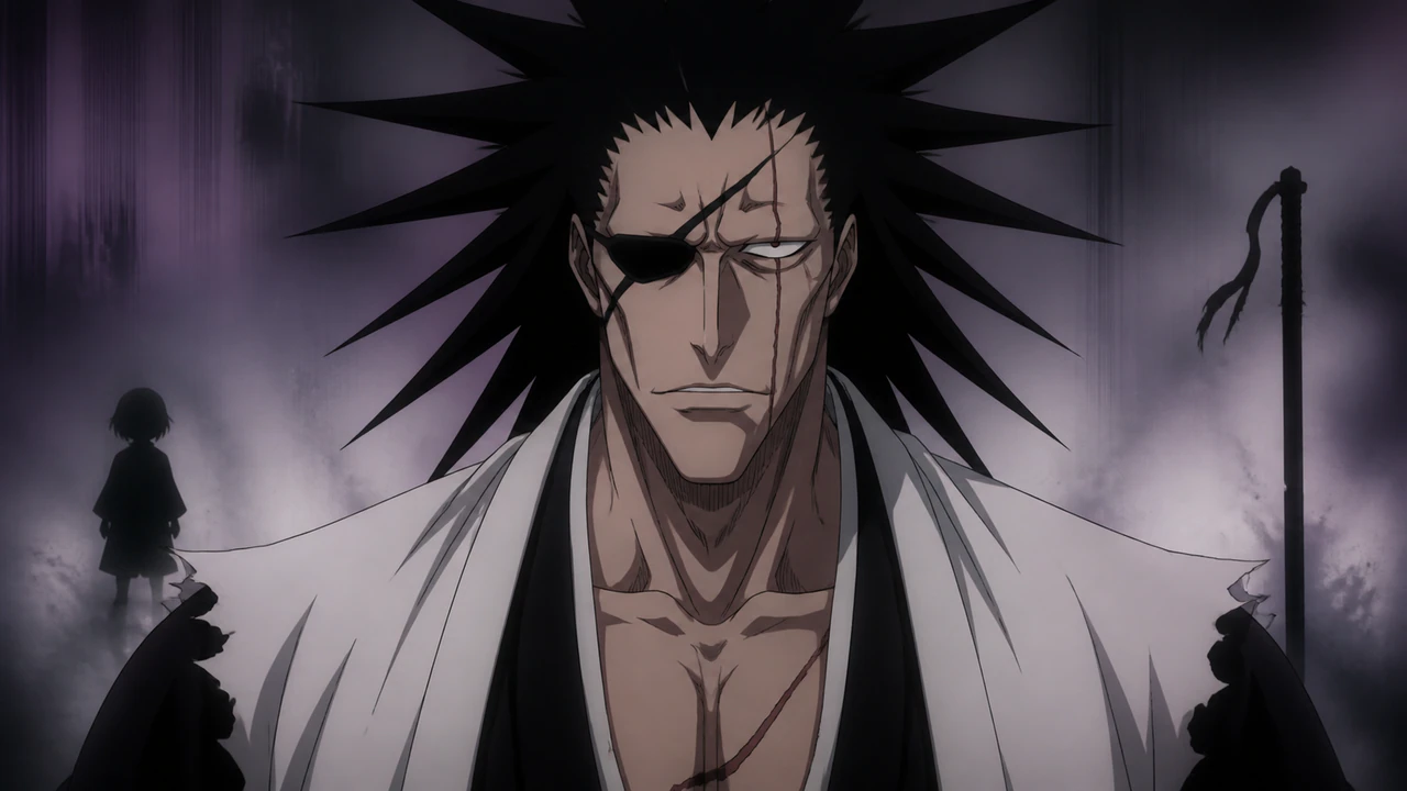 Kenpachi cercado por três possibilidades interpretativas sobre sua Bankai