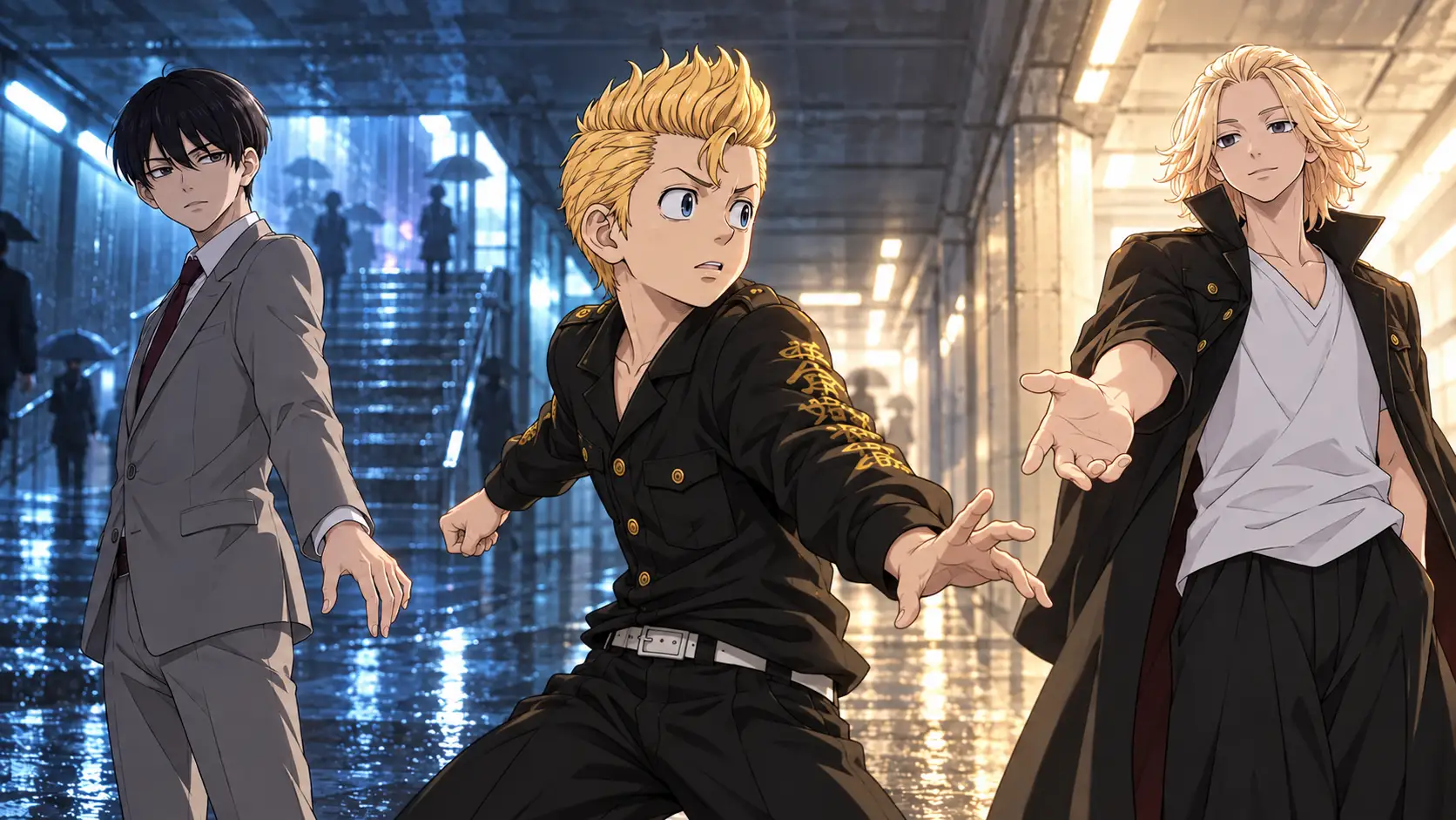 Takemichi entre Naoto, que recua, e Mikey, que lhe oferece a mão em uma montagem temporal