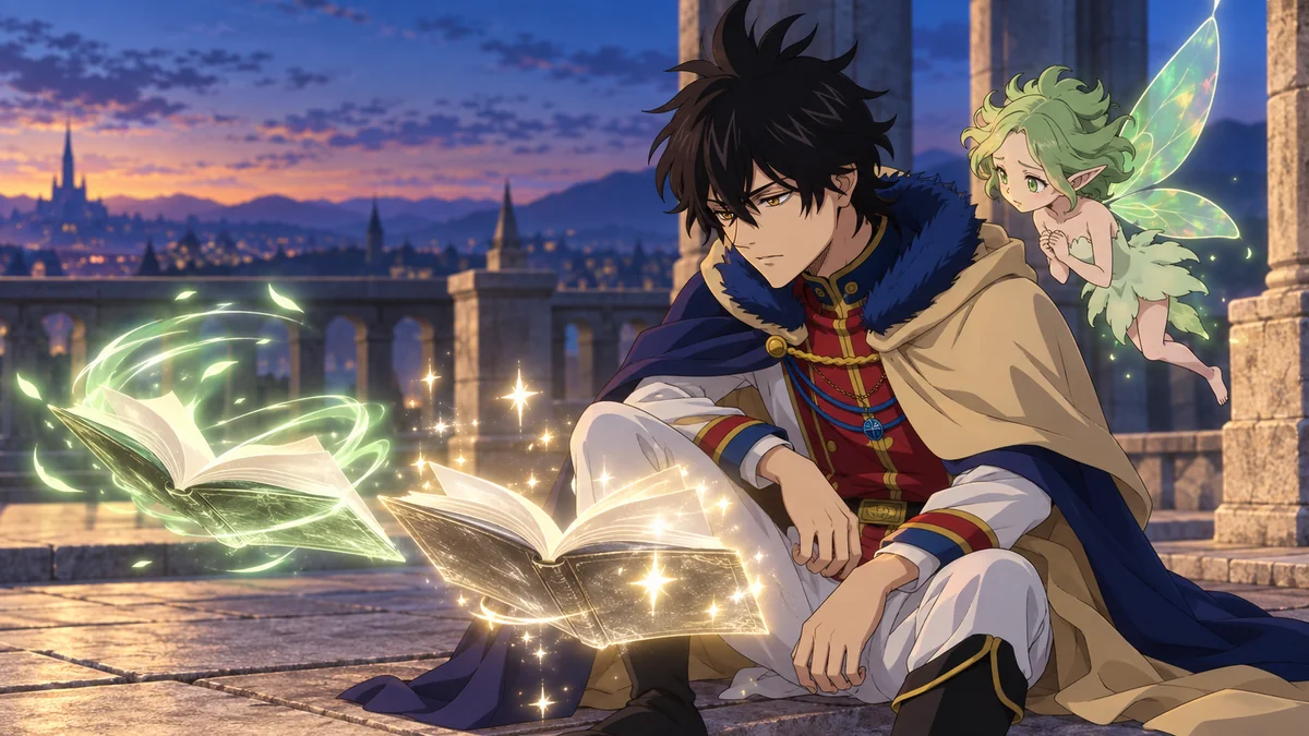 Yuno e Sylph diante de dois grimórios, com Vento e estrelas se dissipando ao entardecer